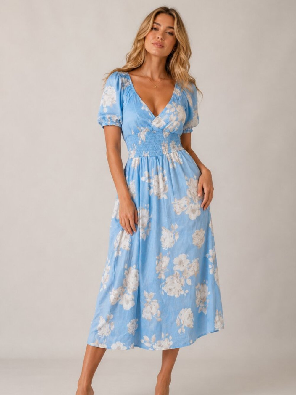 NWT Women's Blue Floral Midi Dress Puff Sleeve Smocked Twist Front A-Line - Picture 1 of 14